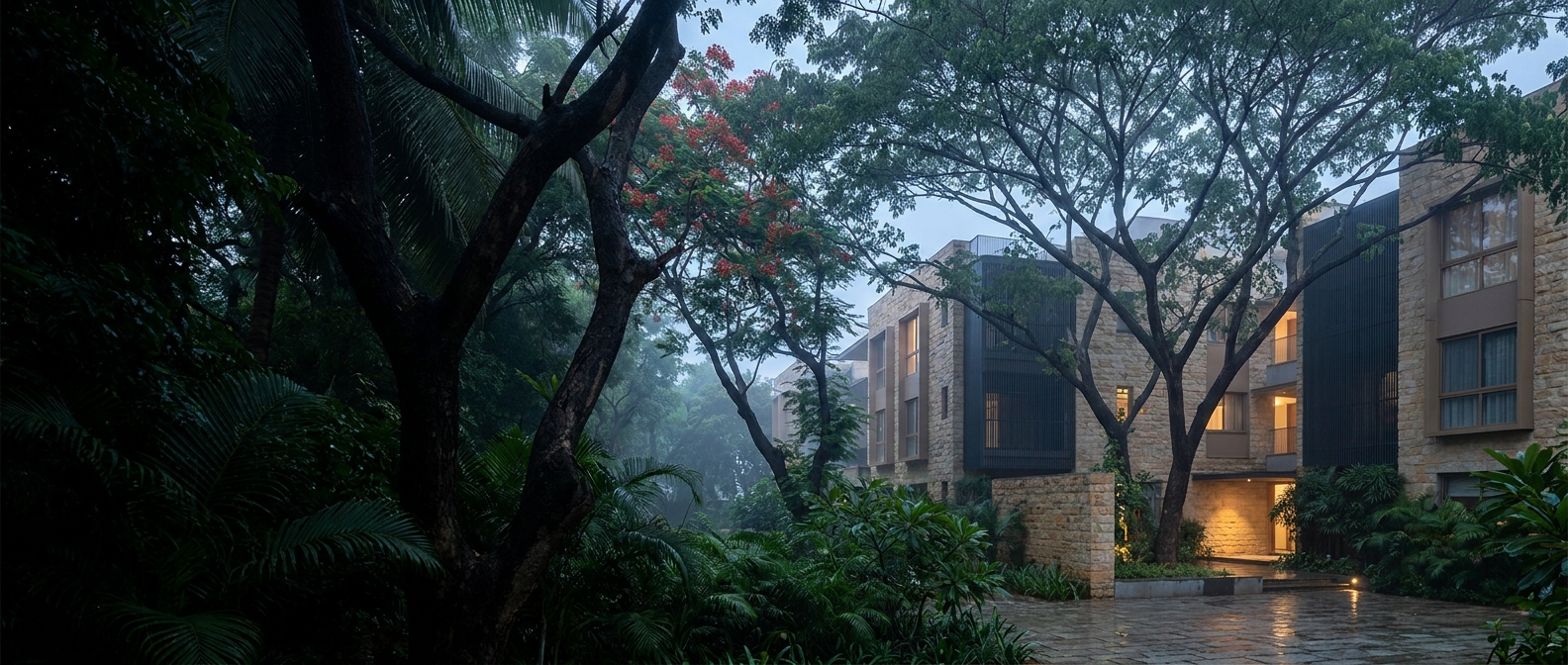 Luxury apartment residences surrounded by mature greenery
